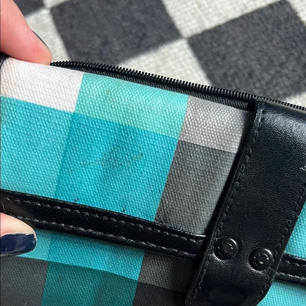 Plaid Wallet Clutch Organizer Zip Around Checkbook Holder Black Teal‎ Gray